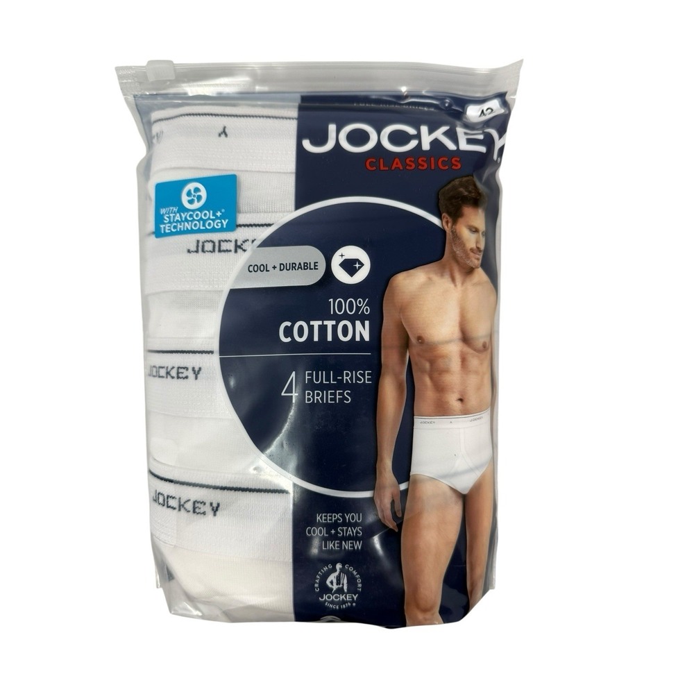Jockey Classics Men's 42 Full Rise Briefs 4-Pack 100% Cotton White NEW.
